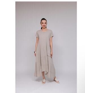 NWT Saga Made in Italy Taupe Pouch Pocket Cap Sleeve Lagenlook Maxi Dress
